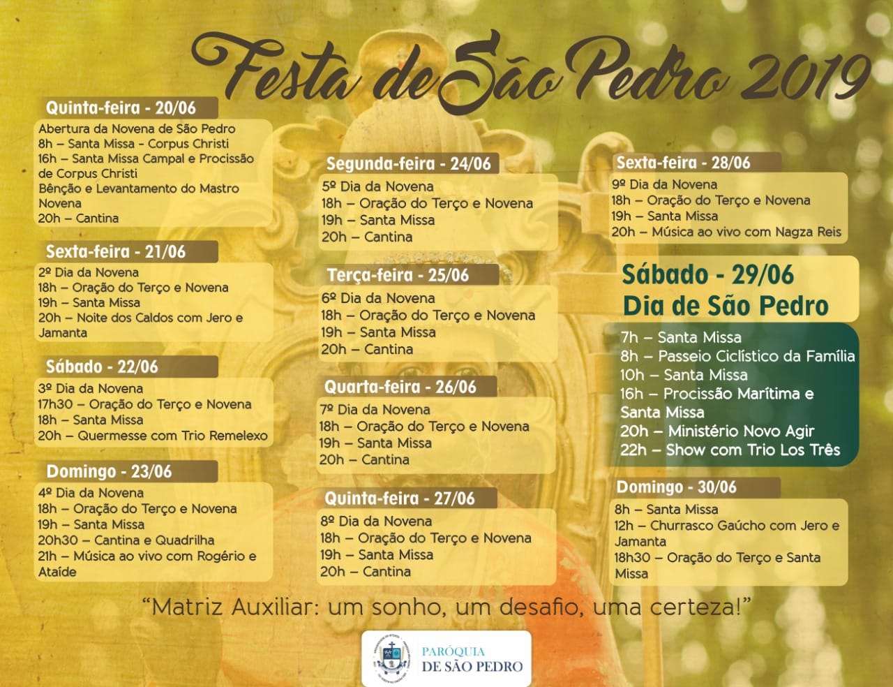 Paróquia São Pedro divulga programação religiosa da festa do