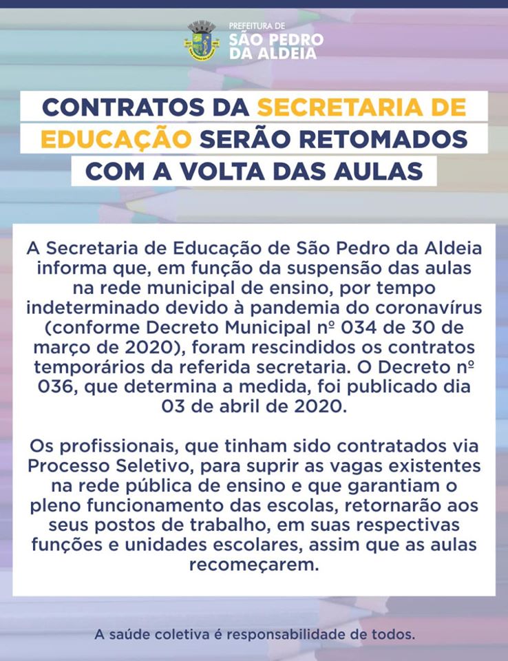 Contratos da Secretaria de Educação de São Pedro da Aldeia serão retomados com a volta das aulas
