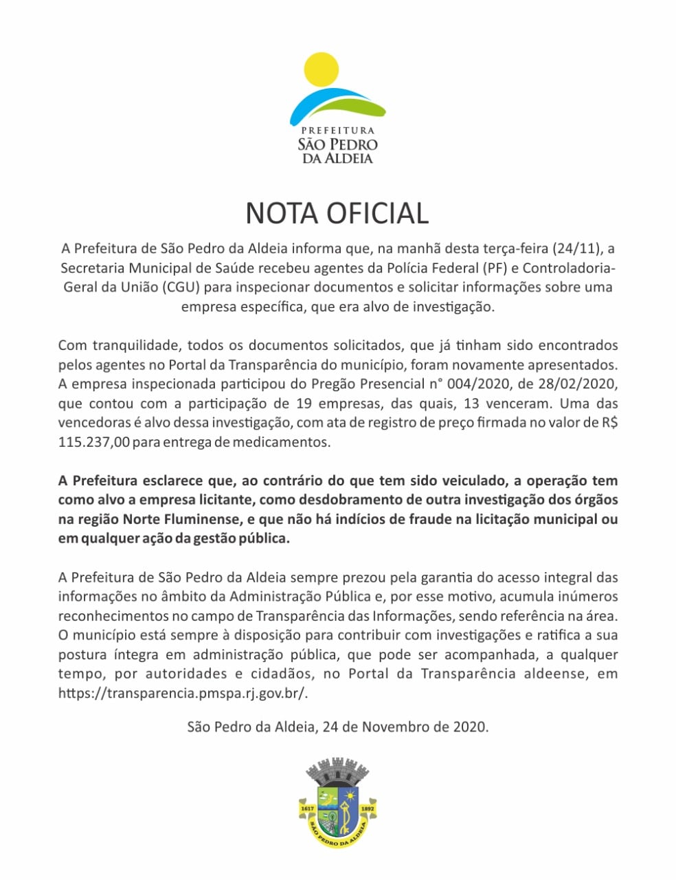 Prefeitura de São Pedro da Aldeia divulga Nota Oficial sobre Operação da PF e CGU