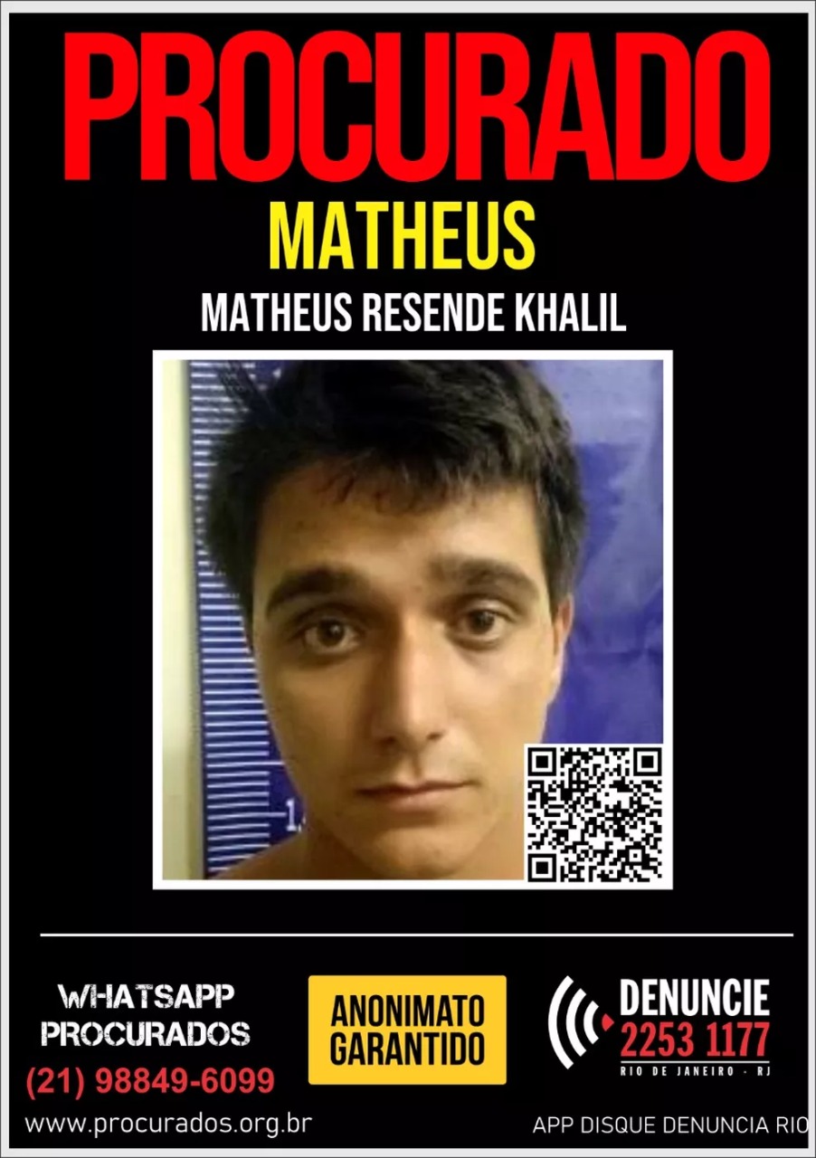 Cartaz de procurado: Matheus Resende Khalil é suspeito de participar de ataque que causou a morte de policial em Saquarema — Foto: Divulgação/Polícia Civil