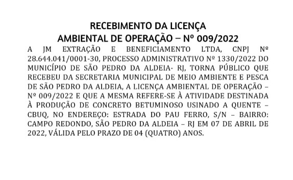 RECEBIMENTO DA LICENÇA AMBIENTAL DE OPERAÇÃO – Nº 009/2022